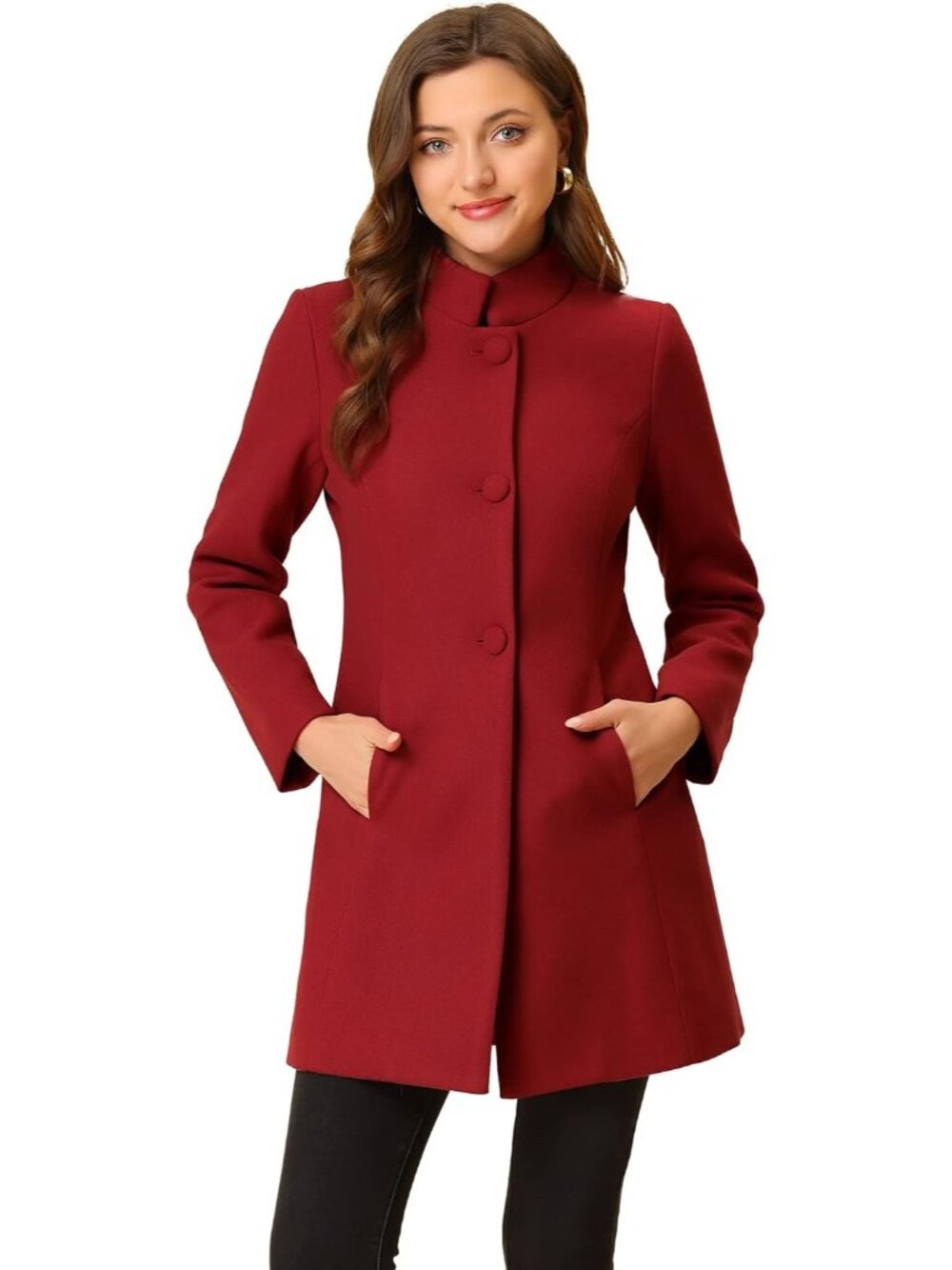 Women's Wine Mid-long Stand Collar Single Breasted Loose Fit Winter Trench Coat